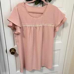 Women's Pink Swiss Dot Lace-Trim Flutter Sleeve Top XL